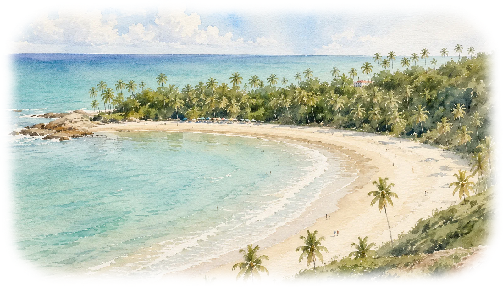 Ilustração em aquarela de uma enseada com coqueiros em João Pessoa